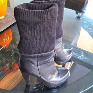 Loeffler Randal Wendy Sock Boots Black Leather Heeled Sweater Knit Cuff Sz 6.5